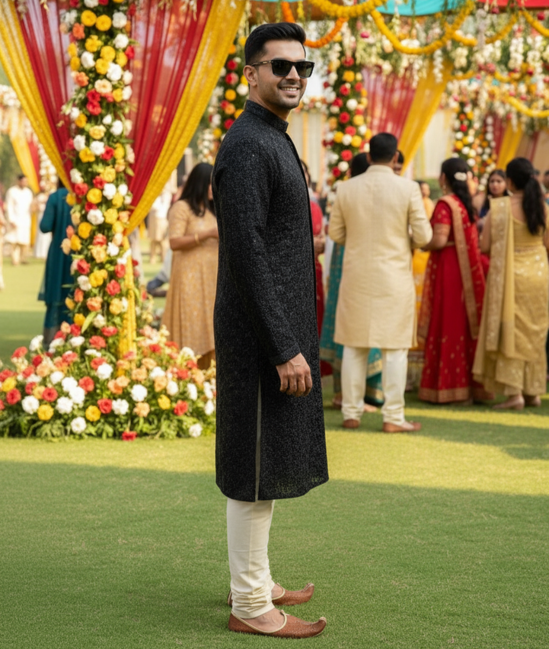 Front Open Bollywood Style Black Embroidered Kurta