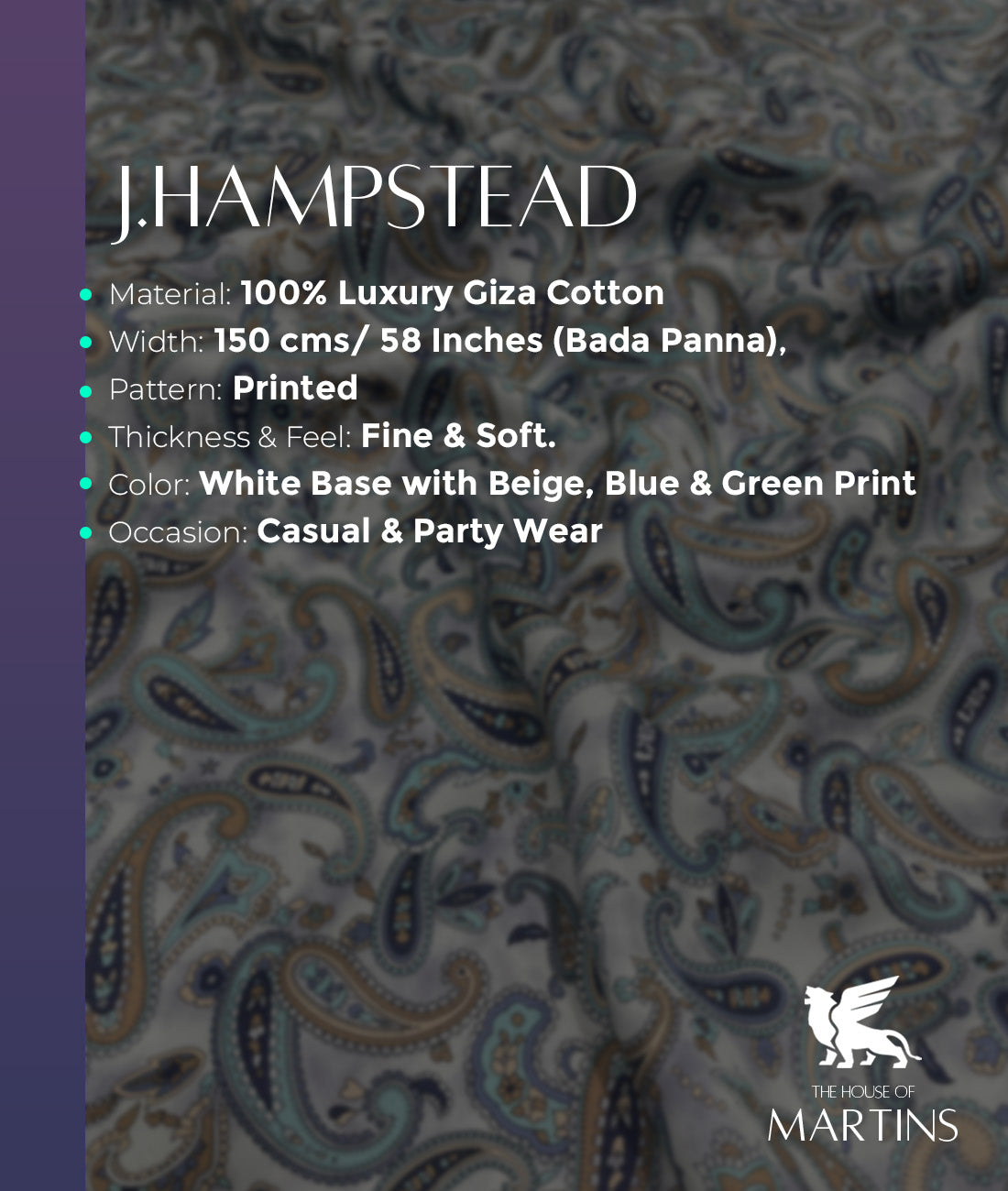 J.Hampstead Luxury Giza Cotton Paisley Printed Men's Unstitched Fabric