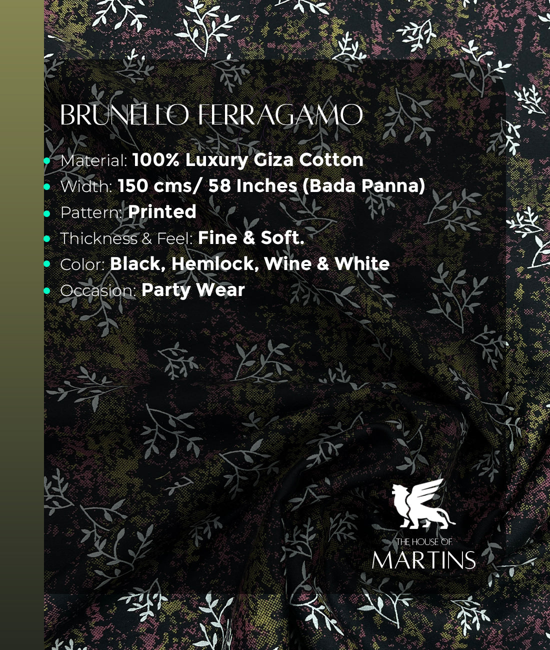 Brunello Ferragamo Floral Dark Print Giza Cotton Fabric