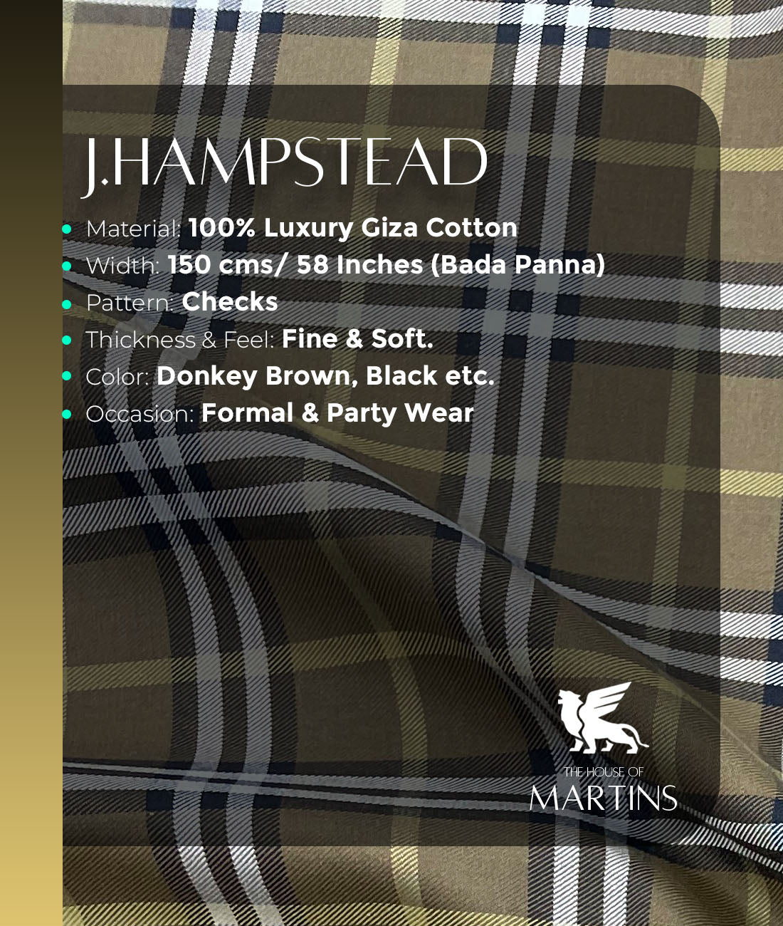 J.Hampstead Checks Luxury Giza Cotton Fabric for Mens's Shirt
