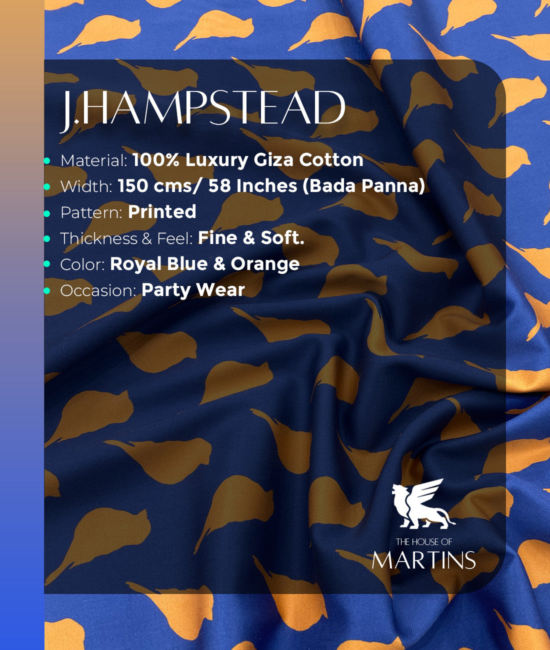 J.Hampstead Bird Print Luxury Giza Cotton Fabric for Men's Shirt