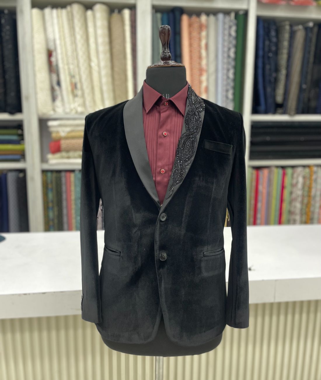 Luxury Zed Black Embroidered Tuxedo Set with Wine Pintux Shirt