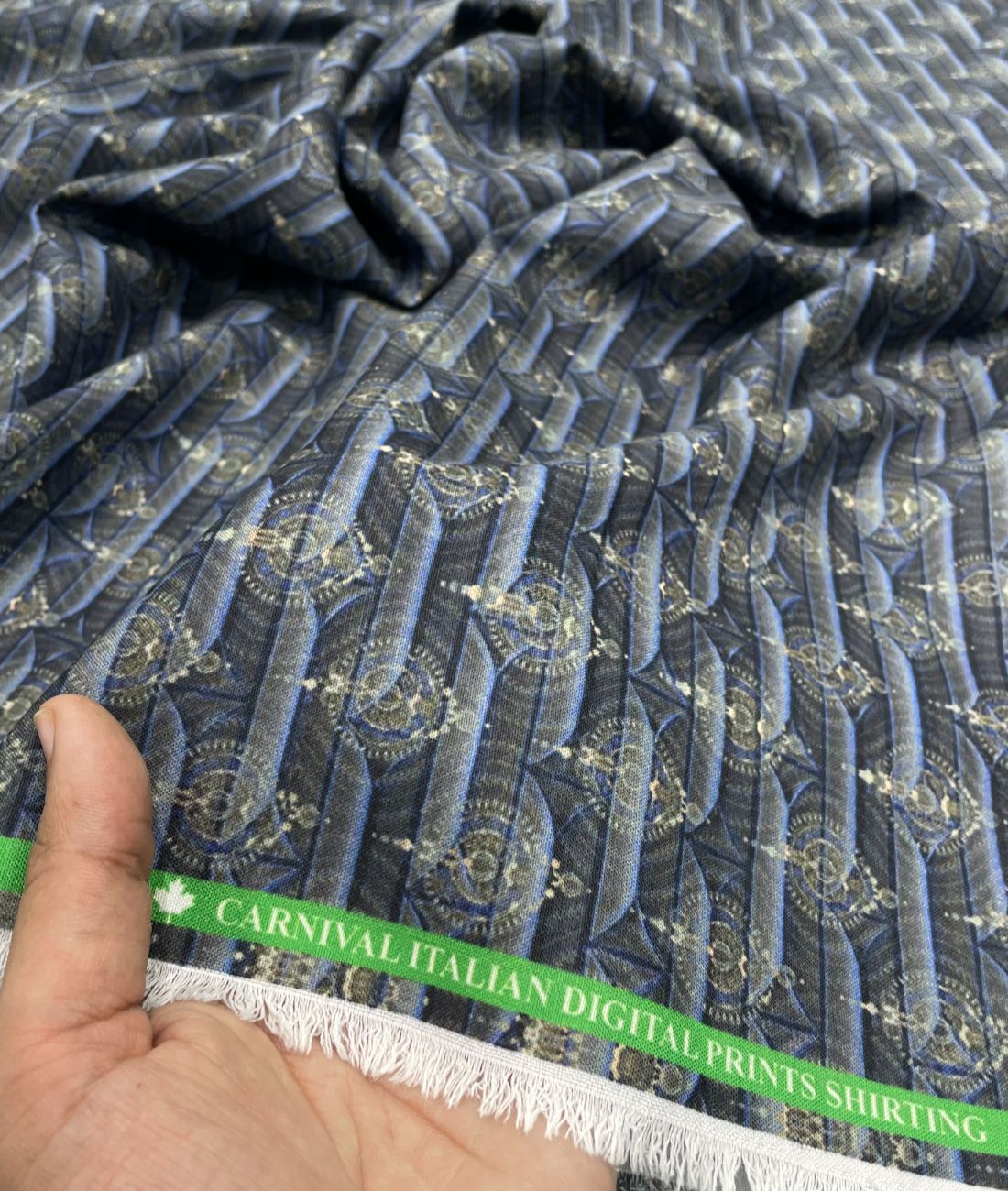 Blue & Gold Elegance Printed Anti Wrinke Cotton Fabric for Men's Shirts & Kurta