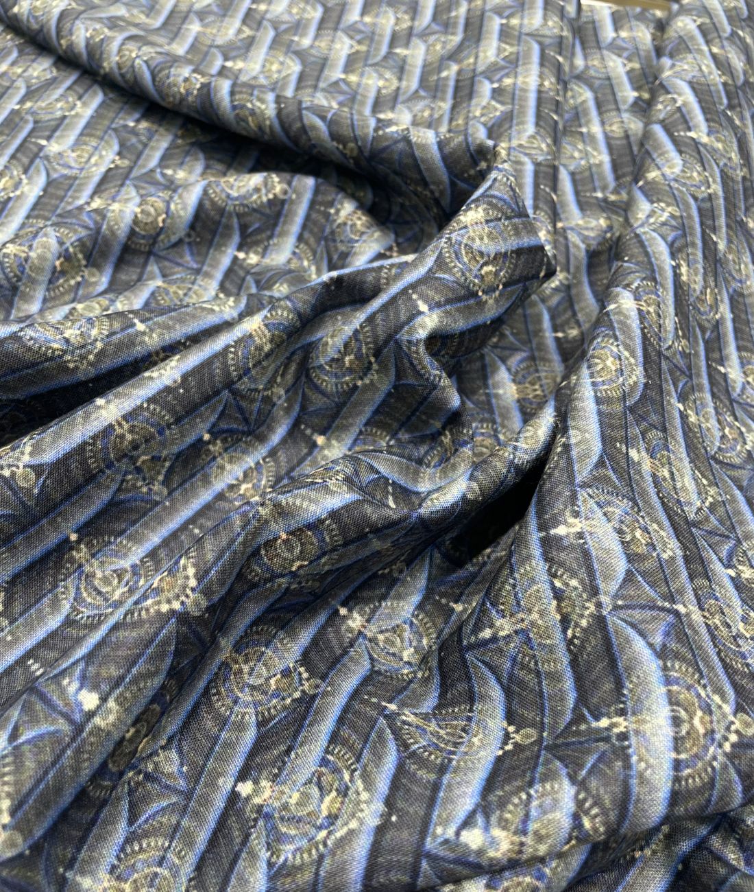 Blue & Gold Elegance Printed Anti Wrinke Cotton Fabric for Men's Shirts & Kurta