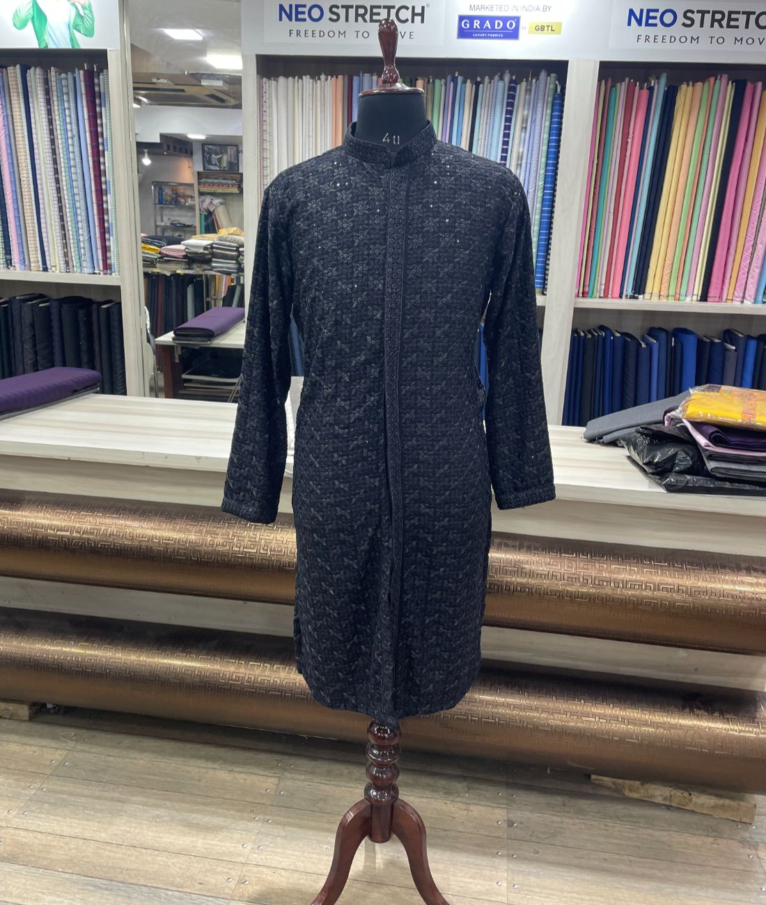 Front Open Bollywood Style Black Embroidered Kurta