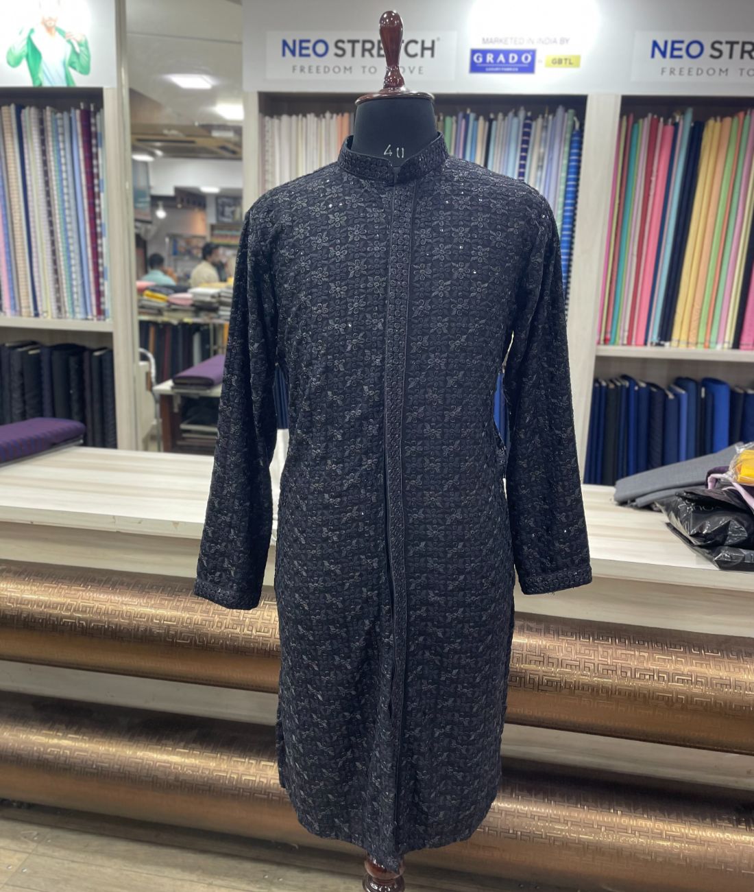 Front Open Bollywood Style Black Embroidered Kurta