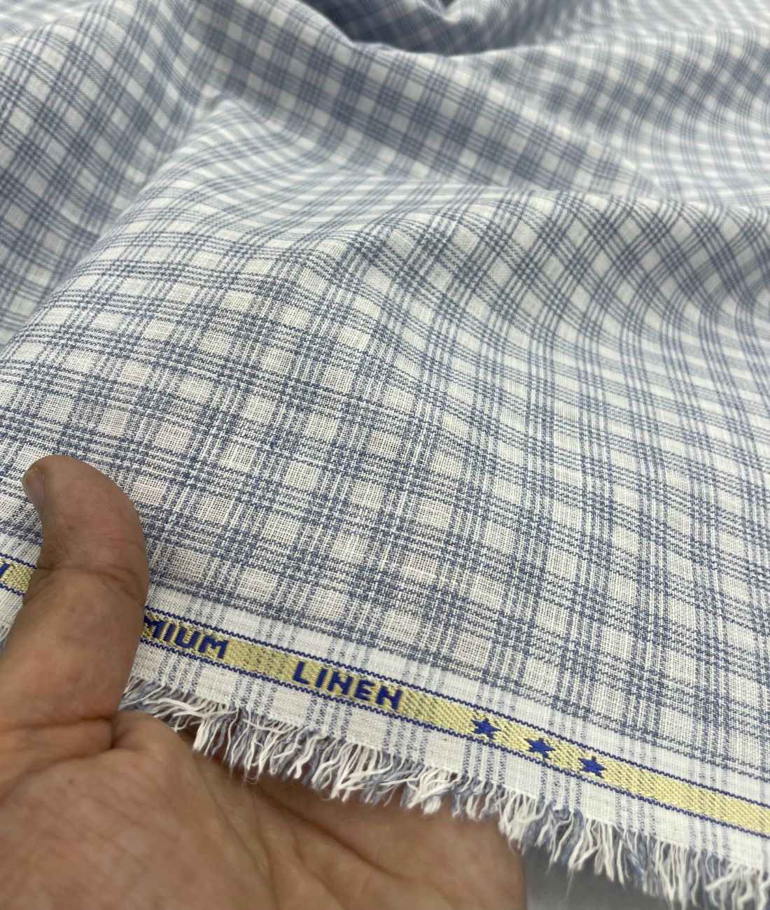Blue & White Small Checks Linen Fabric for Shirt & Kurta