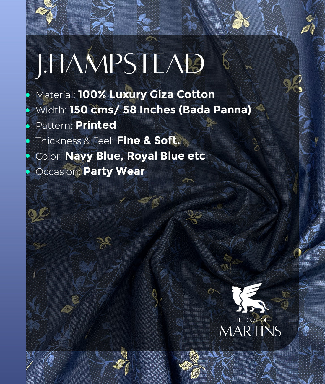 J.Hampstead Floral Print Luxury Cotton Fabric for Men's Shirt