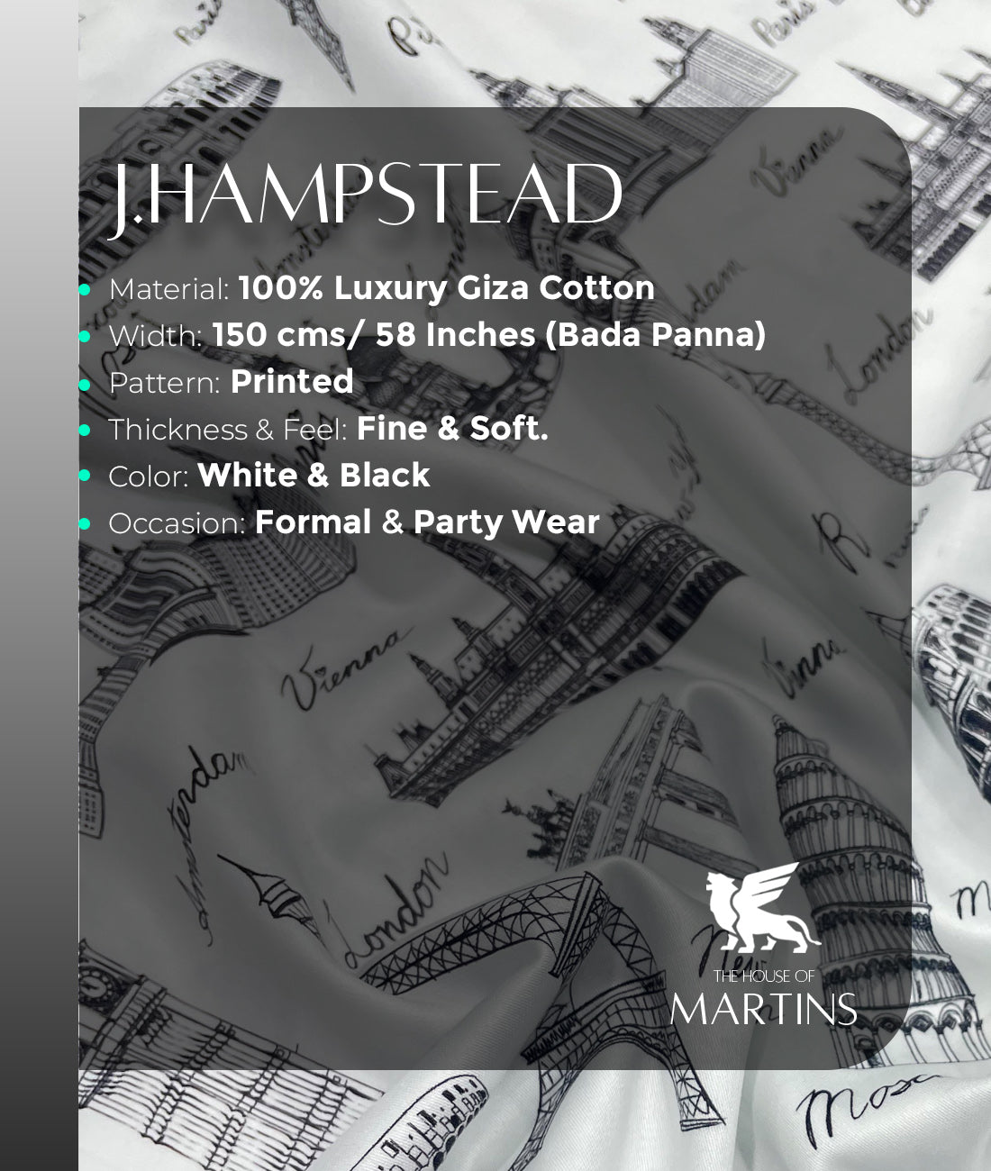 J.Hampstead City Prints Premium Giza Cotton Fabric for Men's Shirt