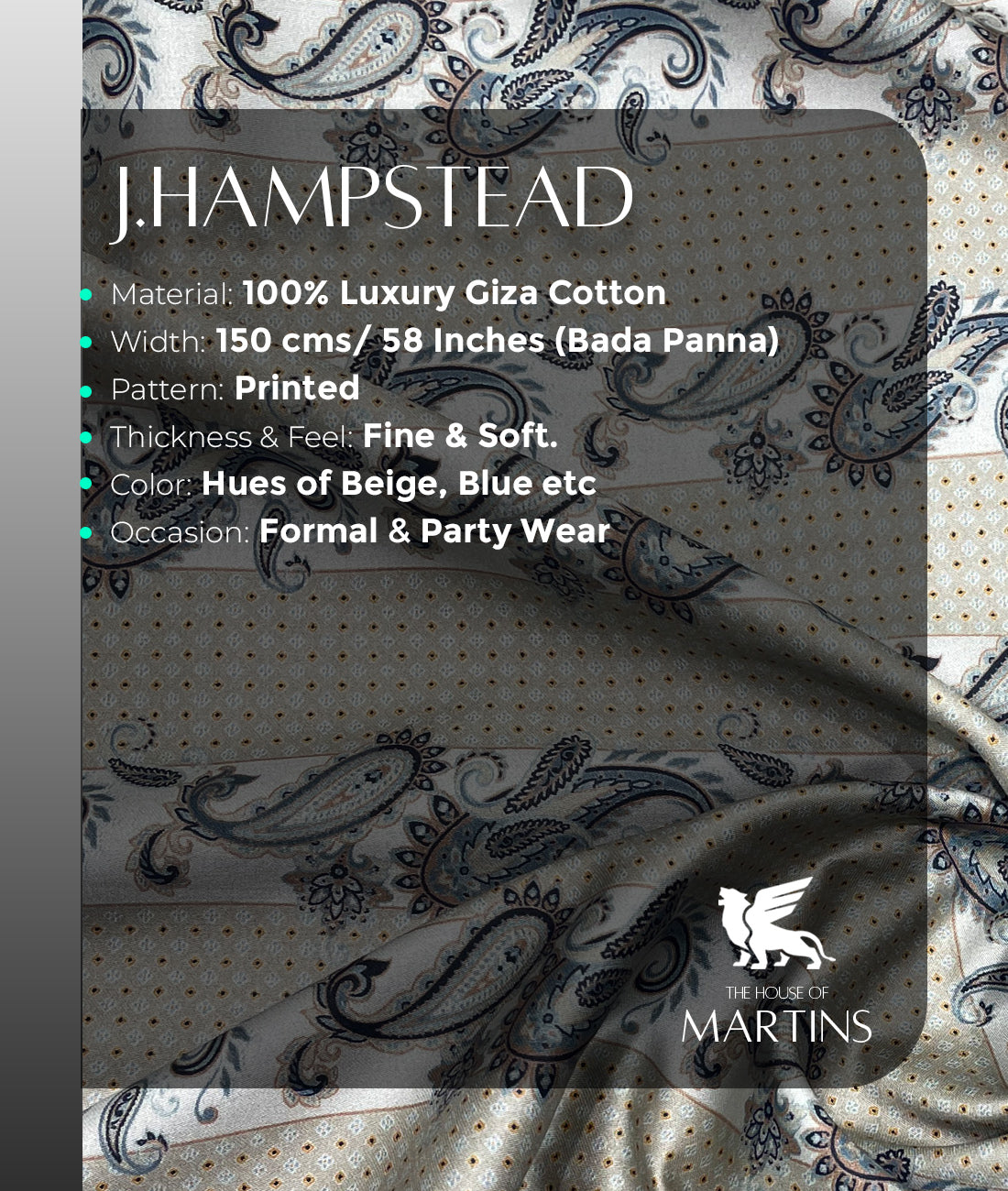 J.Hampstead Paisley Printed Luxury Giza Cotton Fabric for Shirts