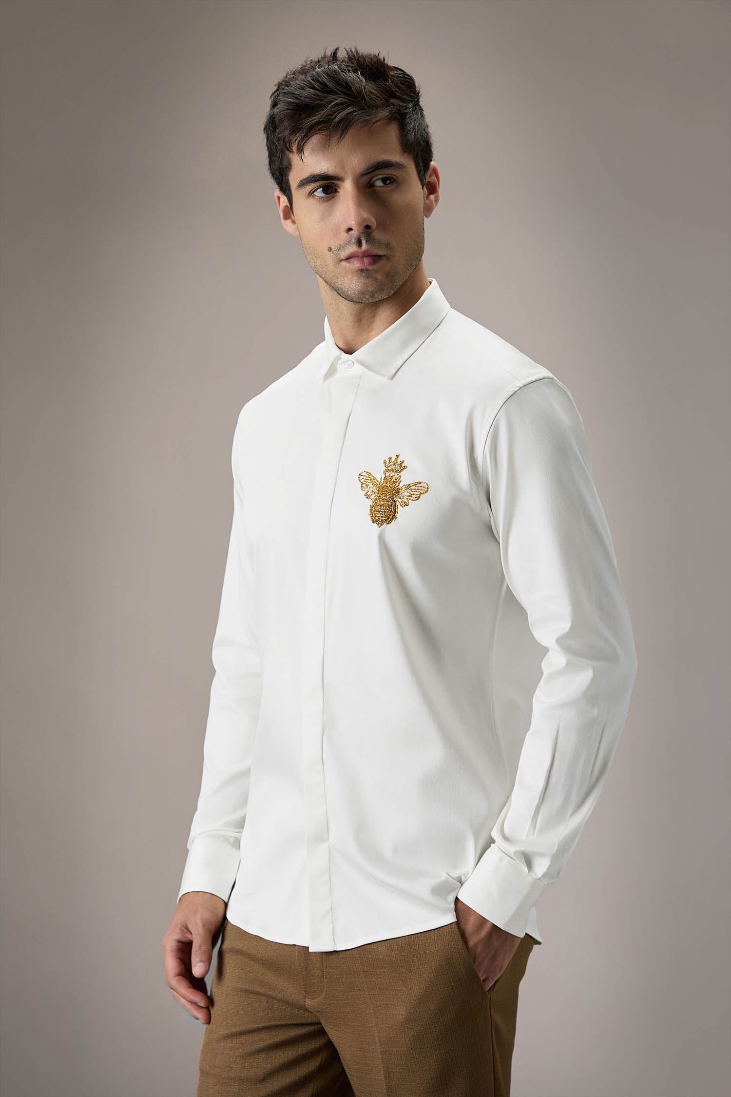 Queen Bee Hand Embroidered Designer Shirt - White