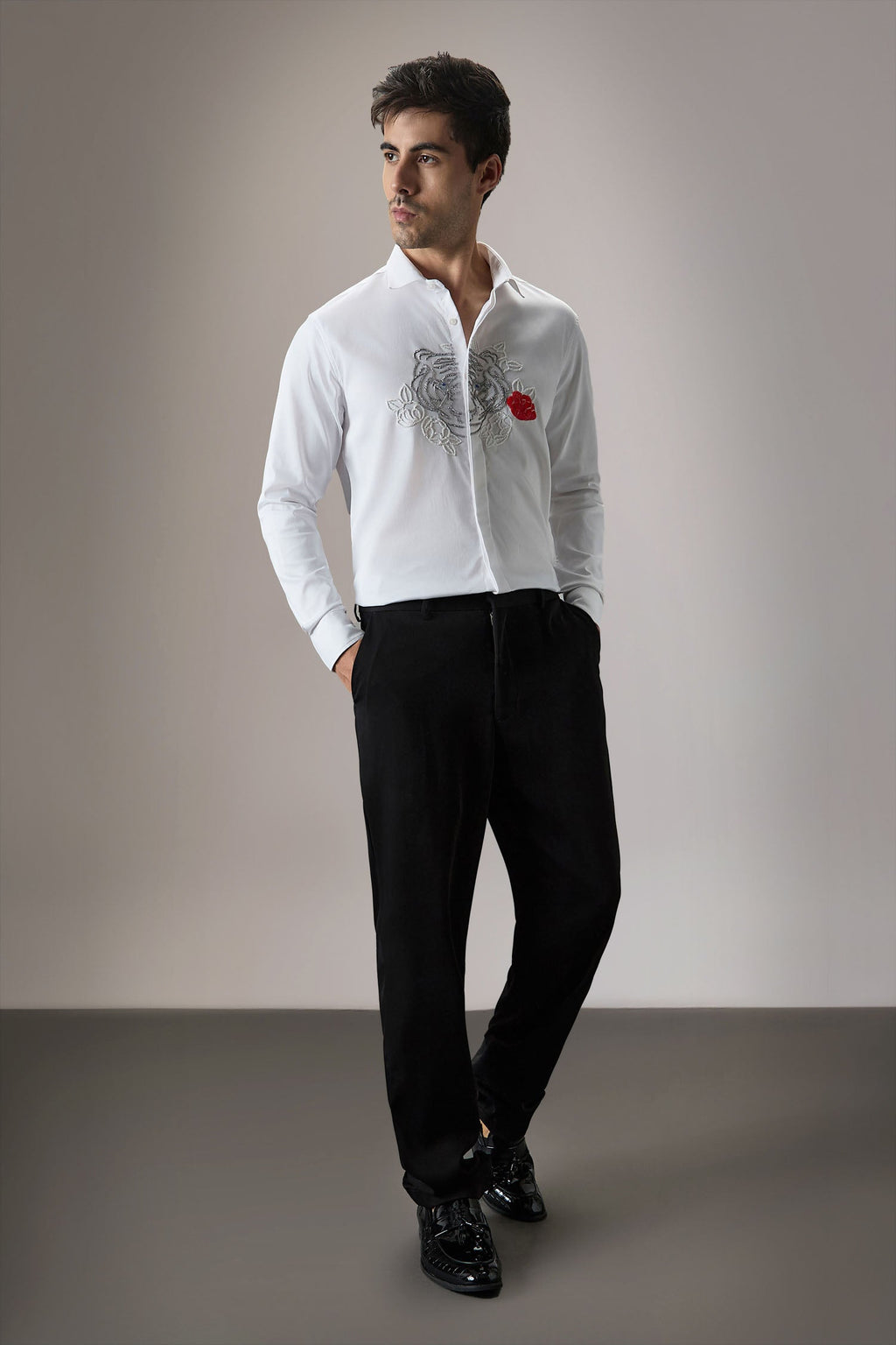 Flora And Fauna (Tiger)- Hand Embroidered Designer Shirt - White