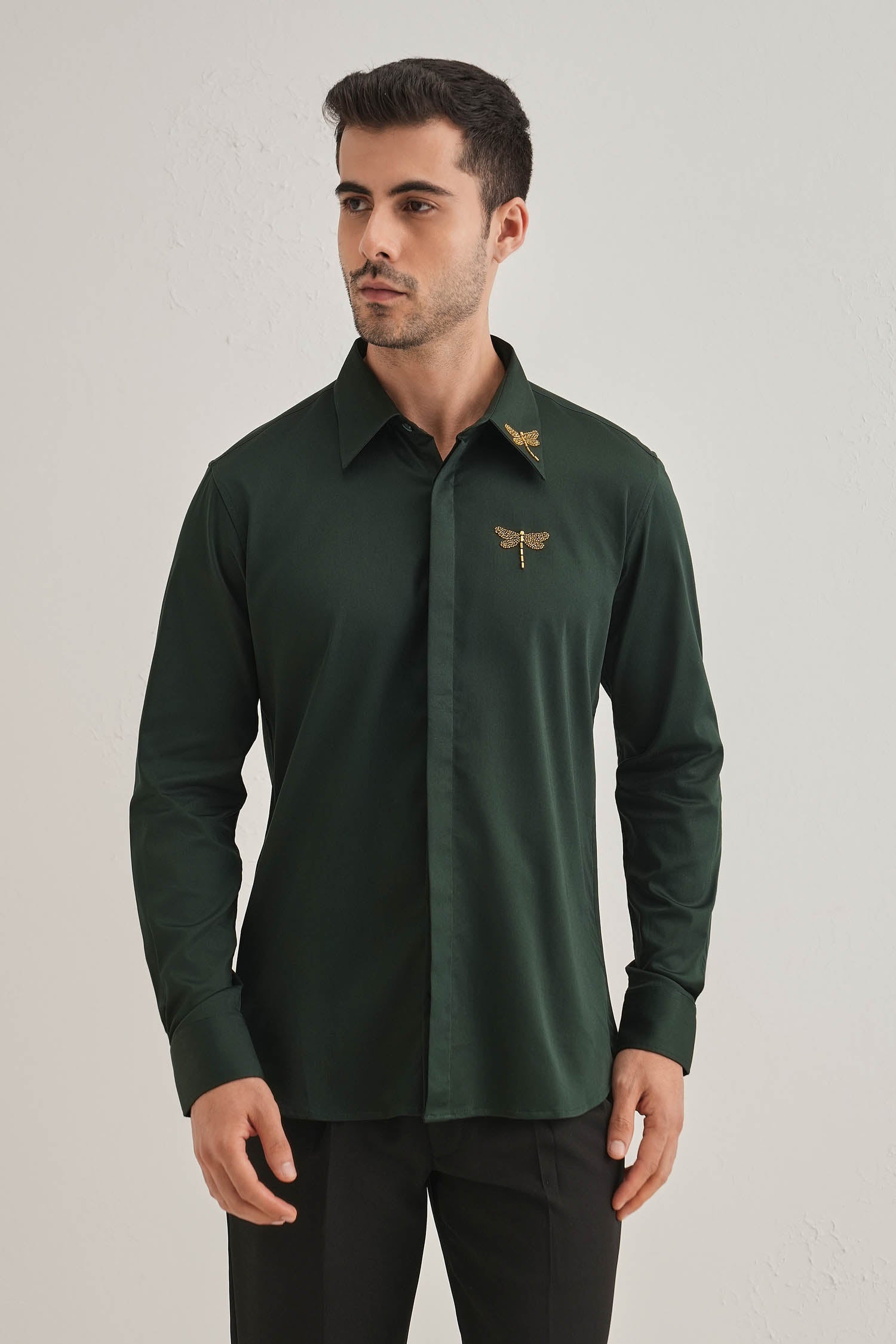 Skeeter(Dragon Fly) Hand Embroidered Designer Shirt - Bottle Green