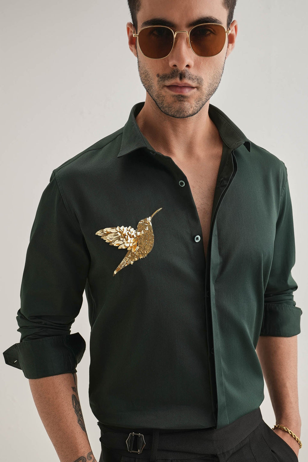 Birdie(Bird)- Hand Embroidered Designer Shirt- Bottle Green