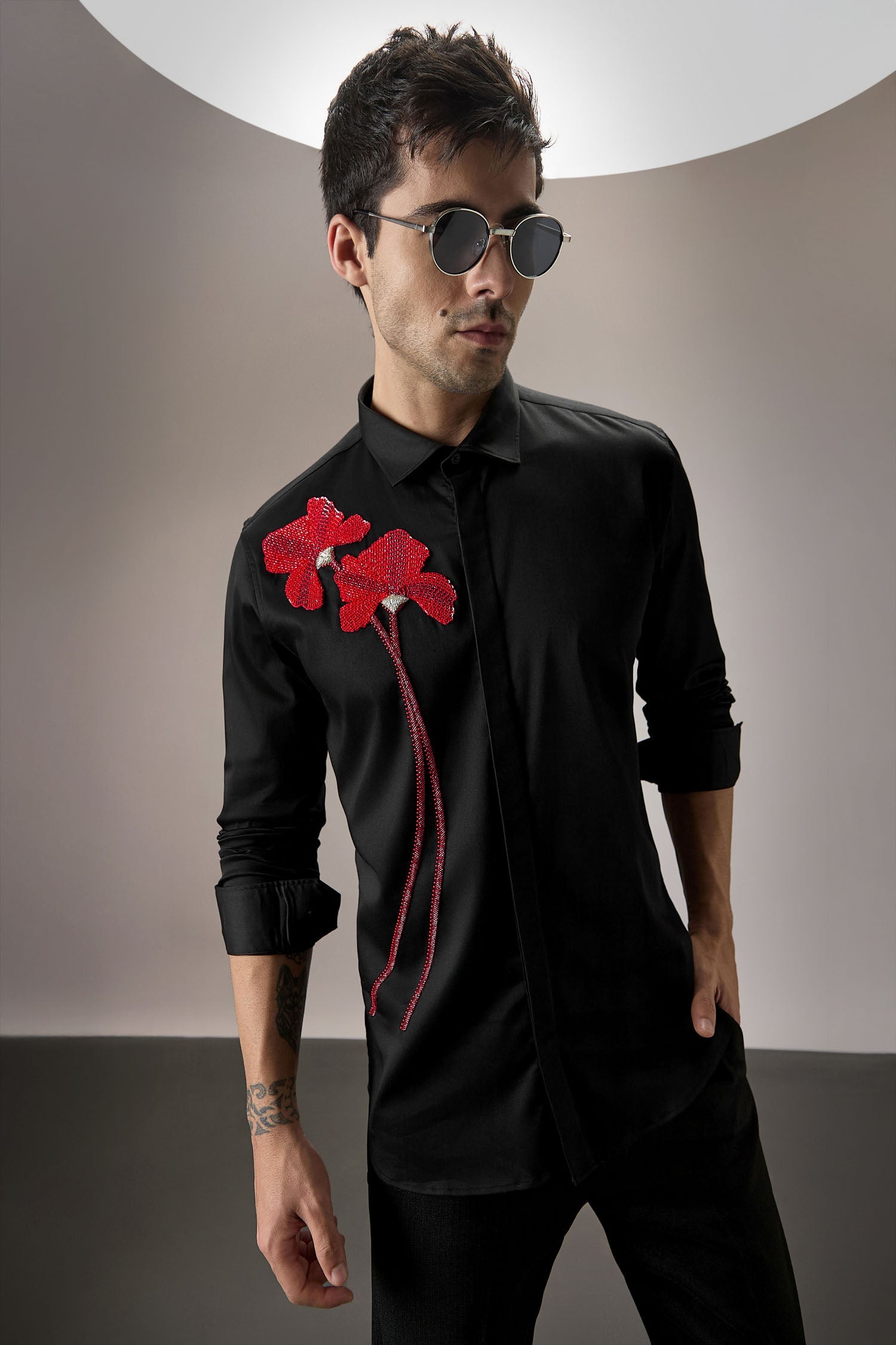 Red Flower Hand Embroidered Designer Shirt - Black