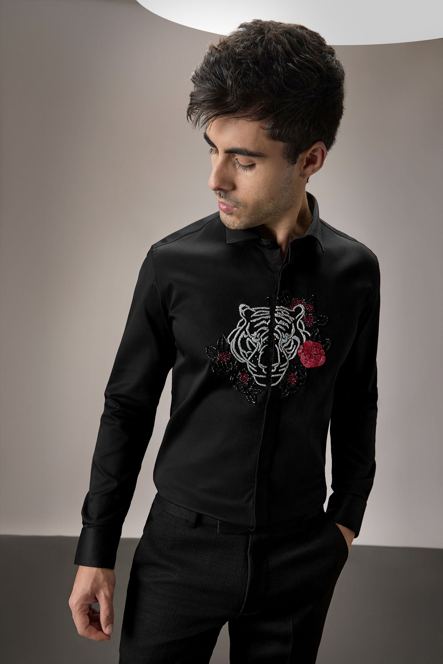 Flora and Fauna (Tiger)- Hand Embroidered Designer Shirt - Black