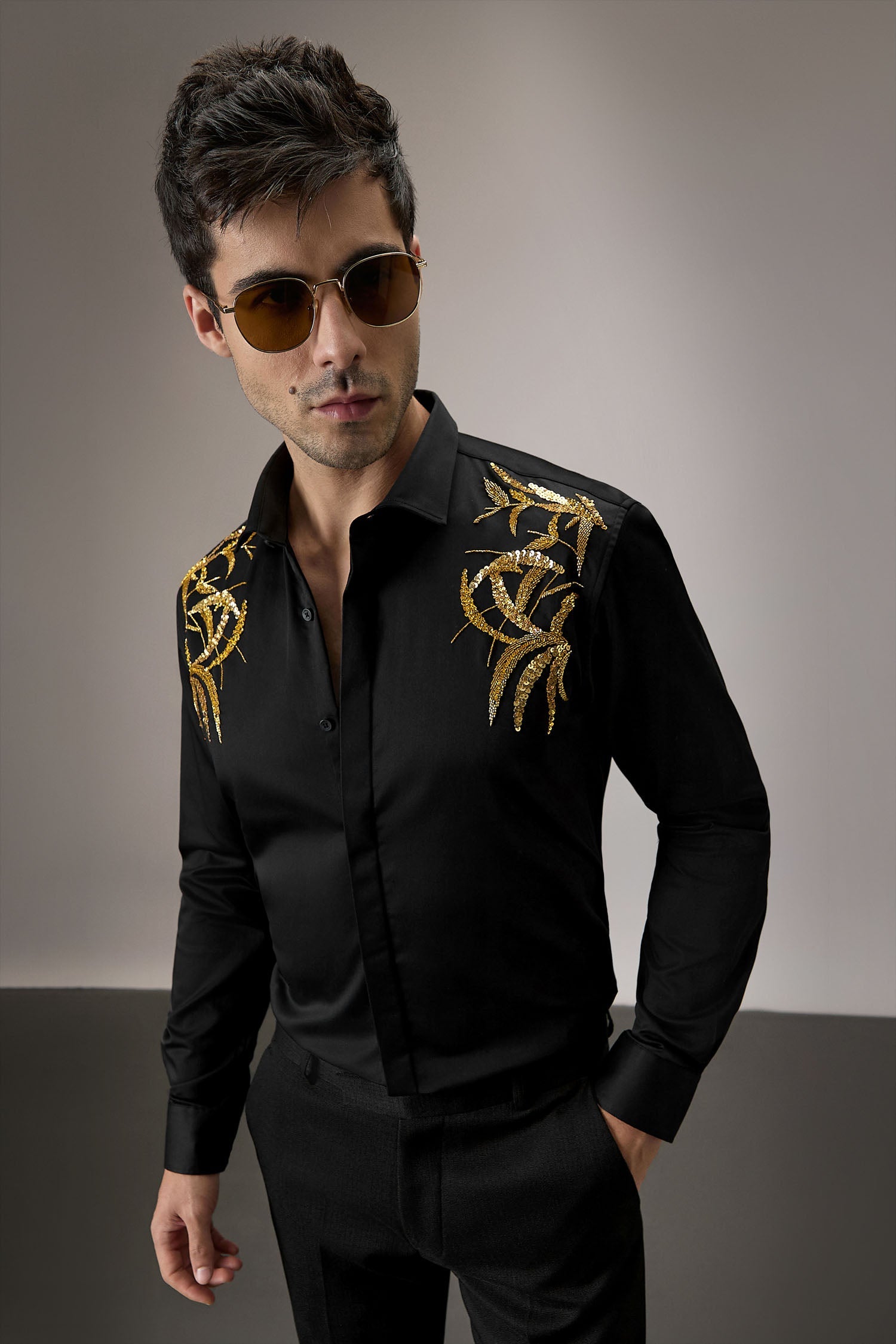 Shoulder leaves - Hand Embroidered Designer Shirt - Black