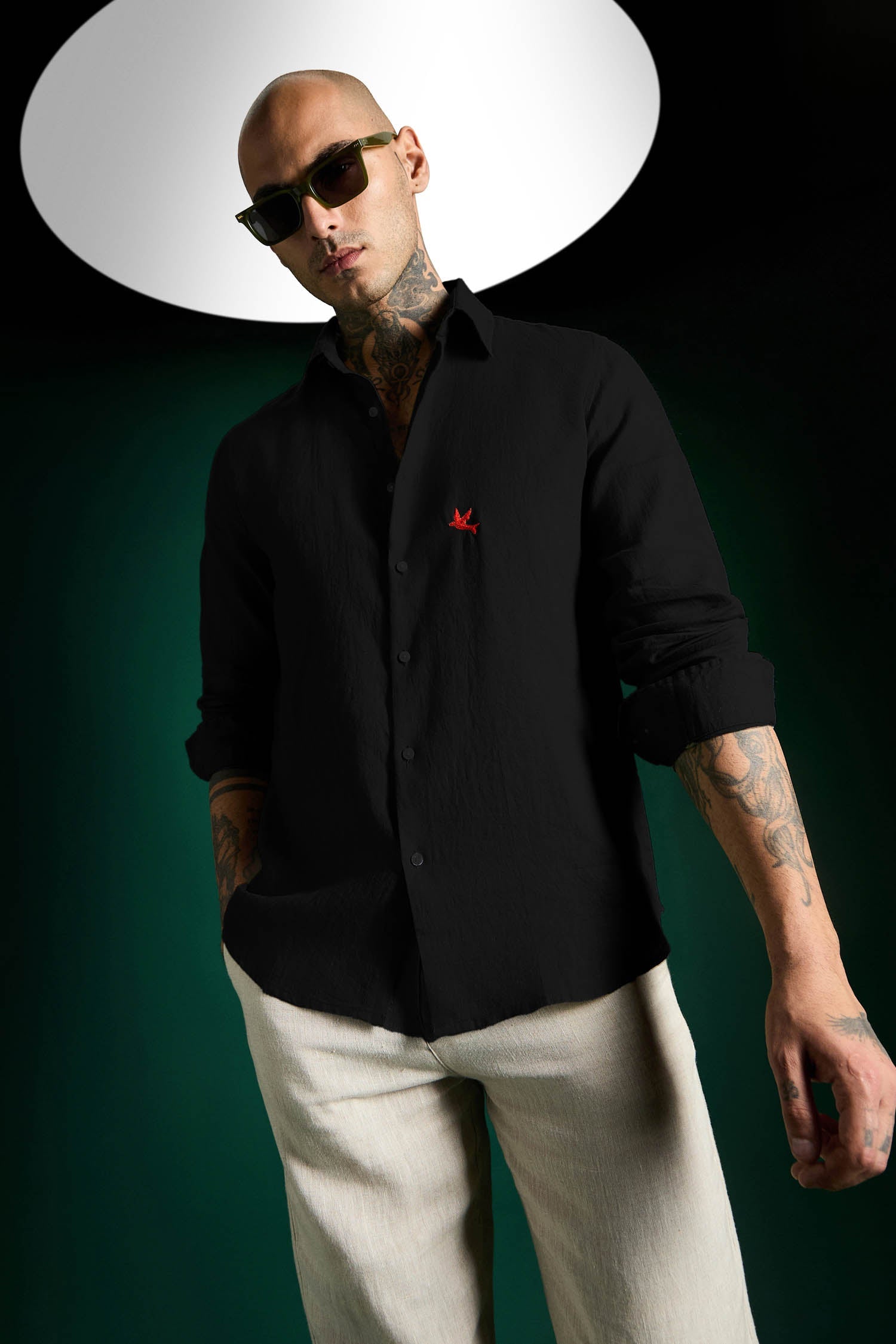 Bird Irish Linen Shirt - Black - Red
