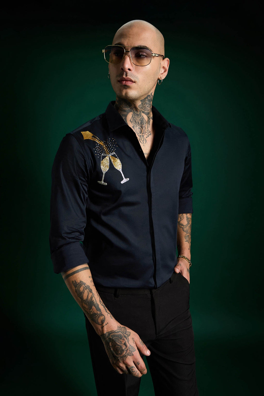 Champagne Hand Embroidered Designer Shirt - Navy