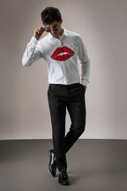 Lips- Hand Embroidered Designer Shirt - White
