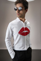 Lips- Hand Embroidered Designer Shirt - White