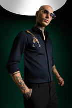 Champagne Hand Embroidered Designer Shirt - Navy