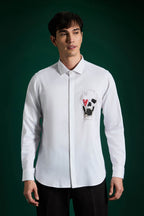 Heart Skull White - Hand Embroidered Designer Shirt