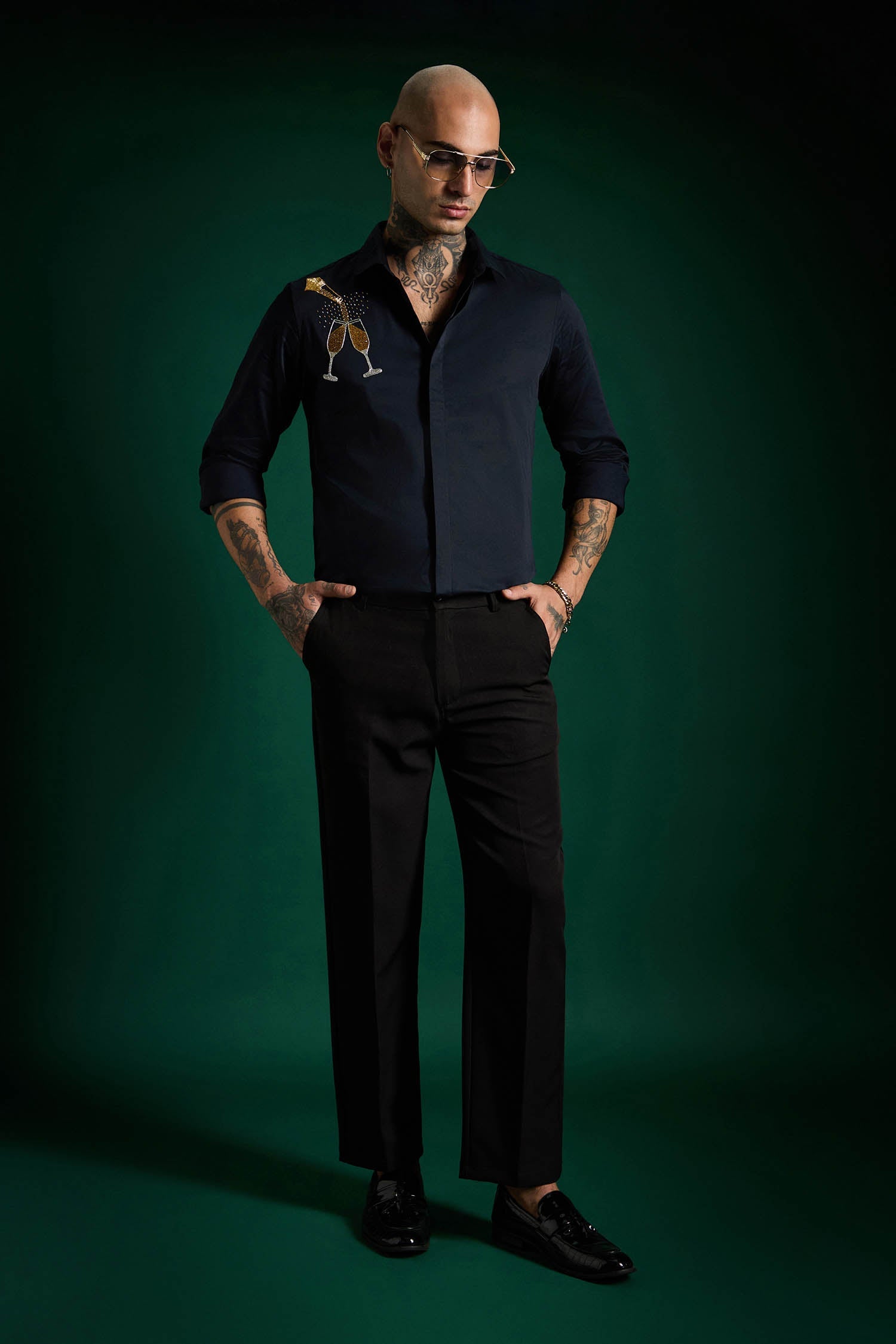 Champagne Hand Embroidered Designer Shirt - Navy
