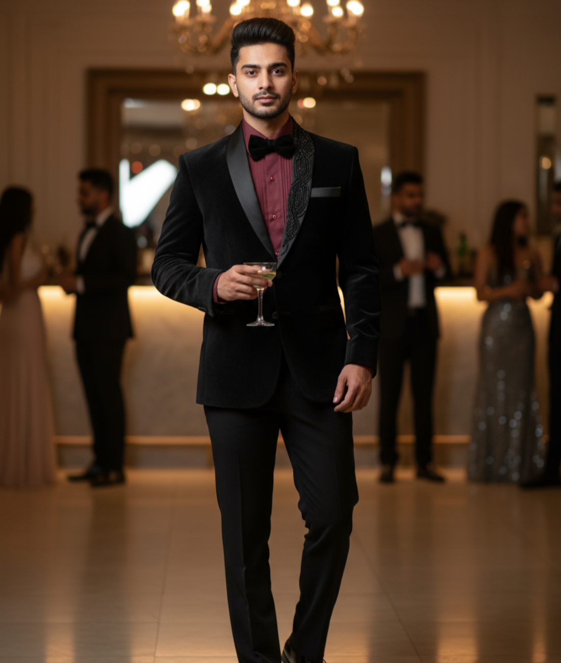 Luxury Zed Black Embroidered Tuxedo Set with Wine Pintux Shirt