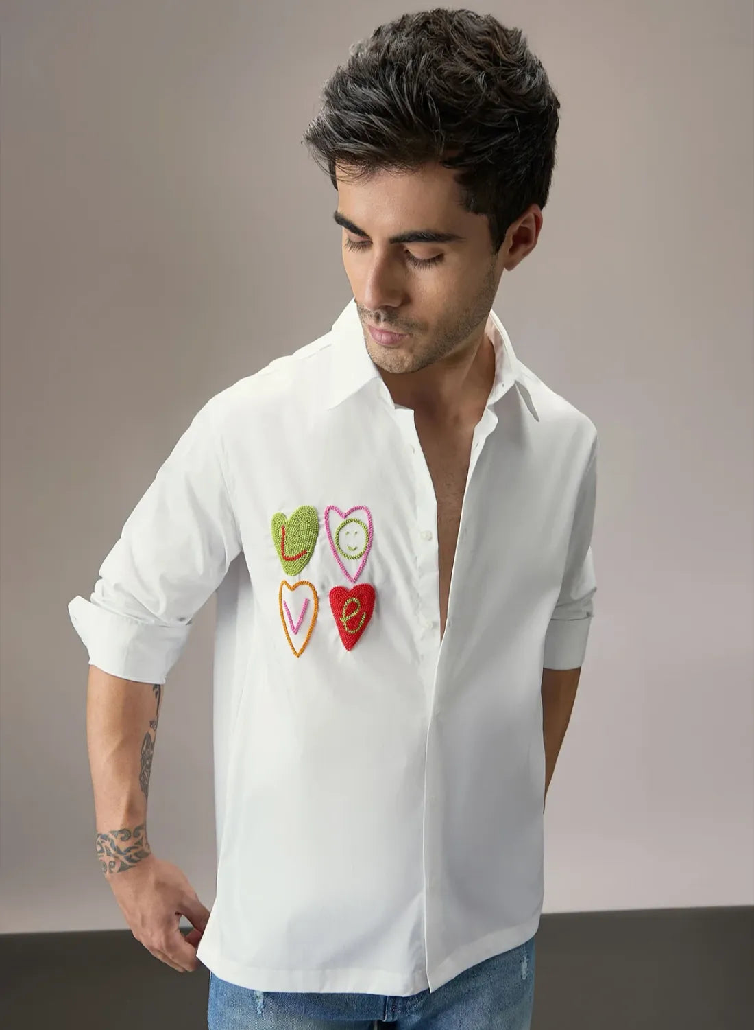 White Designer Hand Embroidered Shirt Club Wear