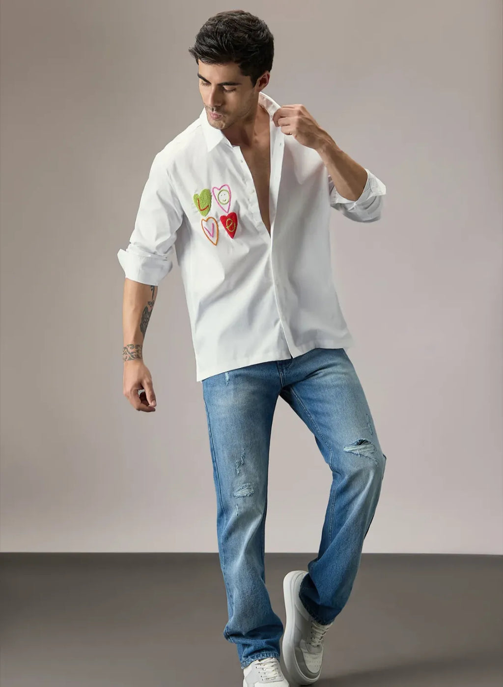 White Designer Hand Embroidered Shirt Club Wear