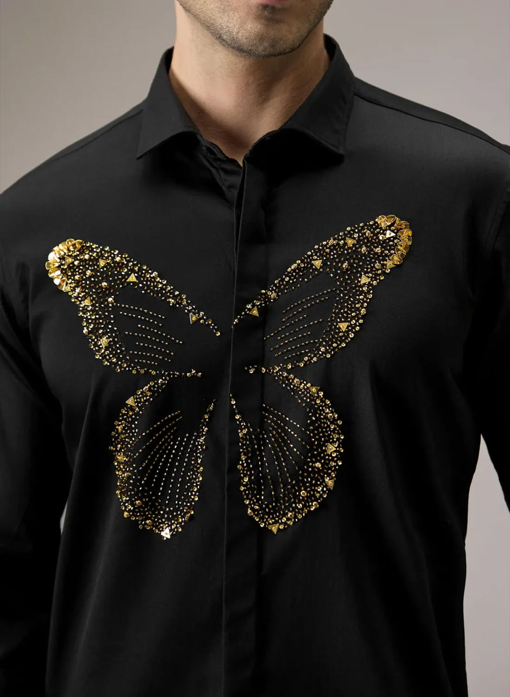 Butterfly Golden Hand Embroidery Designer Shirt for Party