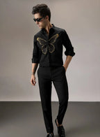 Butterfly Golden Hand Embroidery Designer Shirt for Party