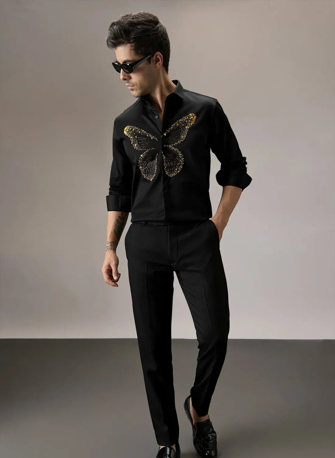 Butterfly Golden Hand Embroidery Designer Shirt for Party