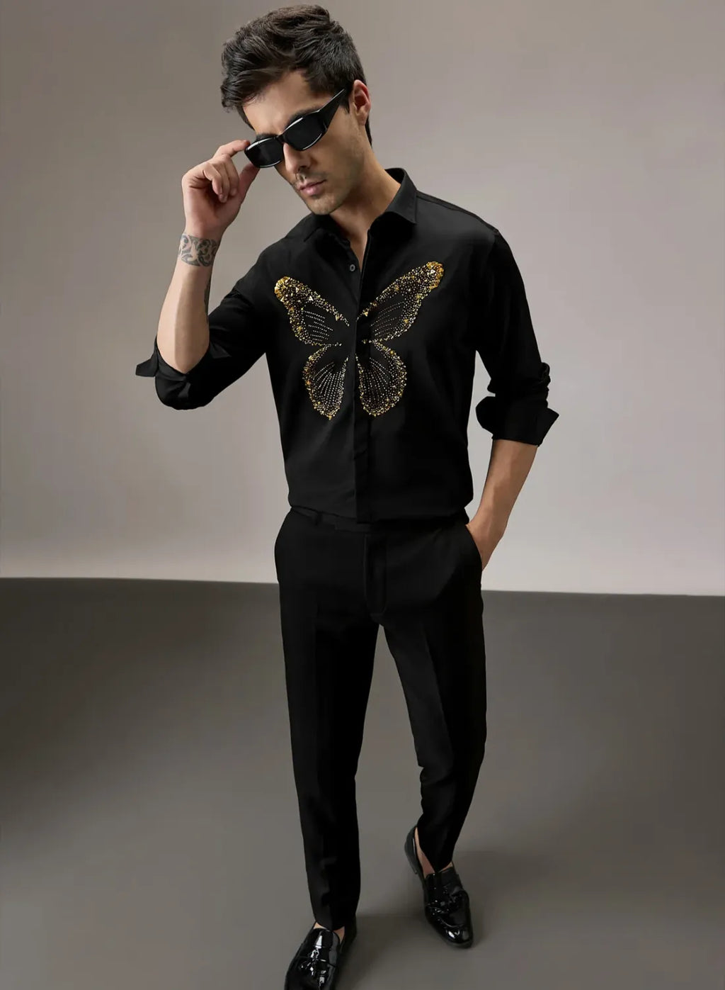 Butterfly Golden Hand Embroidery Designer Shirt for Party