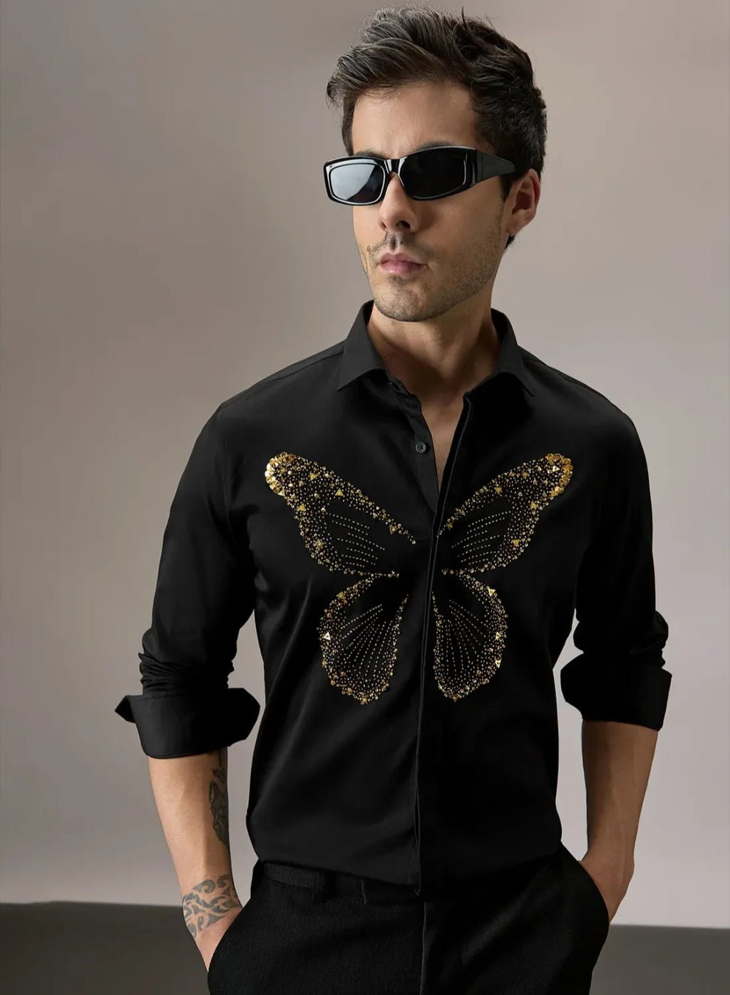 Butterfly Golden Hand Embroidery Designer Shirt for Party