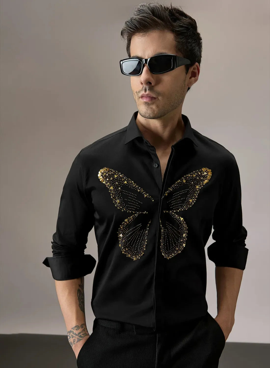 Butterfly Golden Hand Embroidery Designer Shirt for Party
