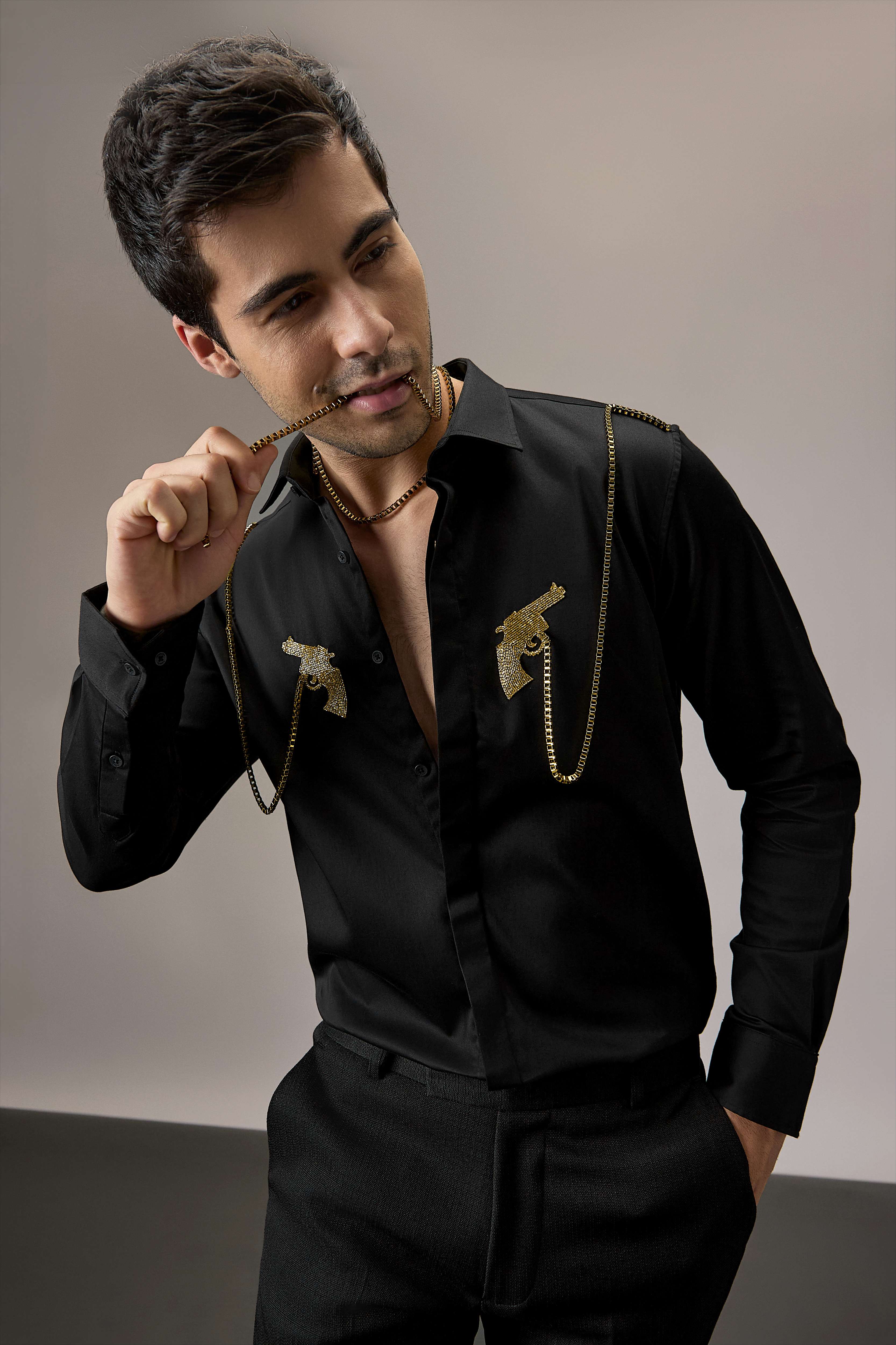 Revolver - Hand Embroidered Designer Shirt - Black