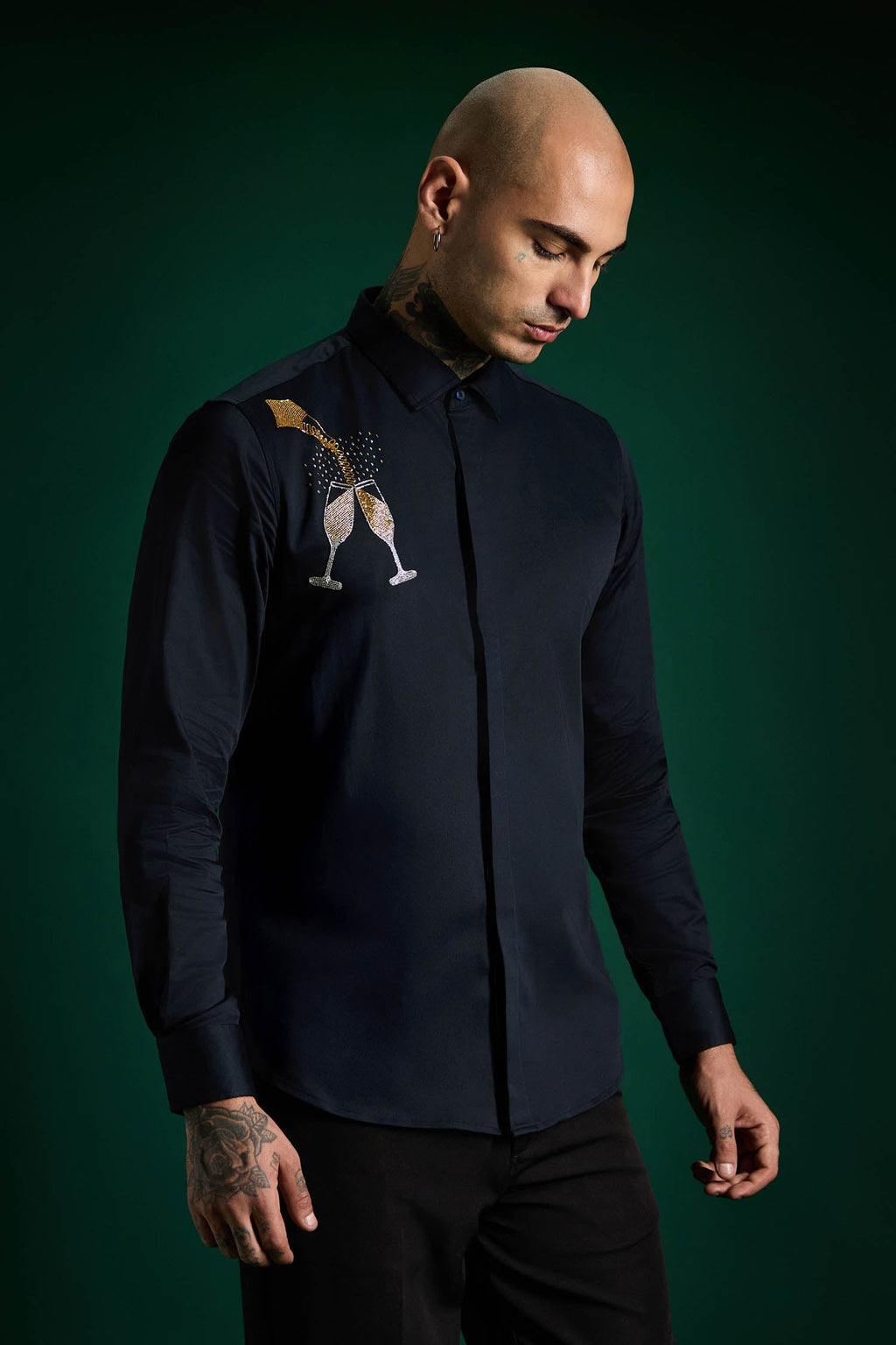 Champagne Hand Embroidered Designer Shirt - Navy