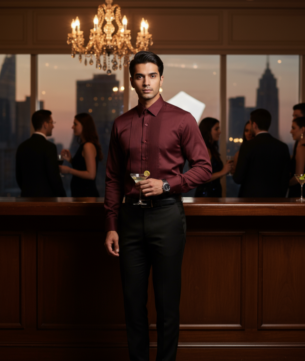 Wine Luxury Satin Tuxedo Shirt for Party or Event