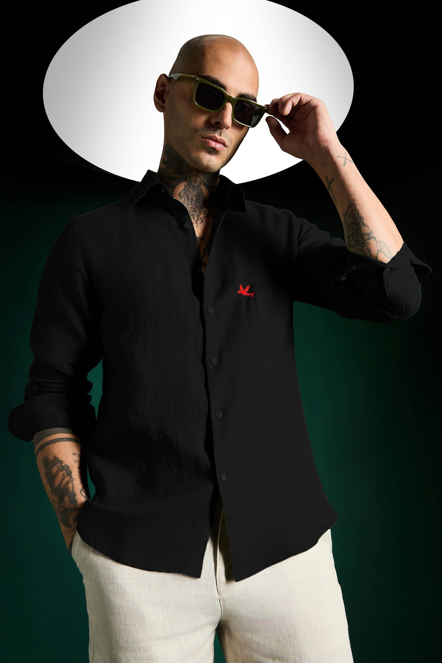 Bird Irish Linen Shirt - Black - Red
