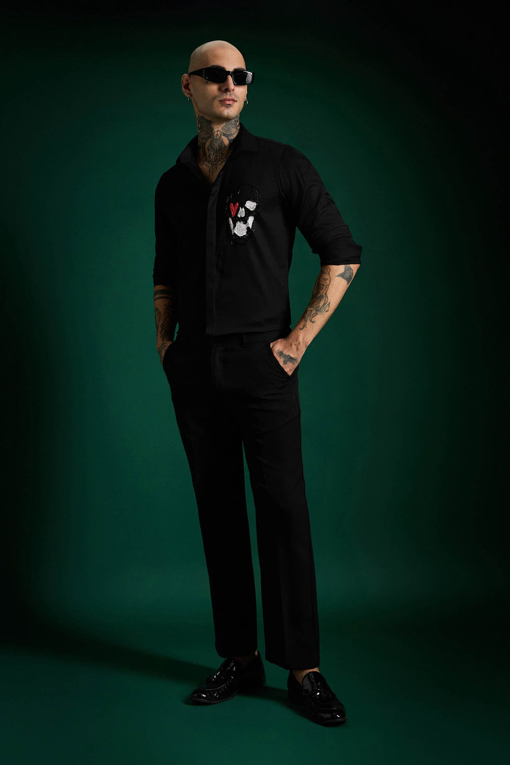 Heart Skull - Black Hand Embroidered Designer Shirt