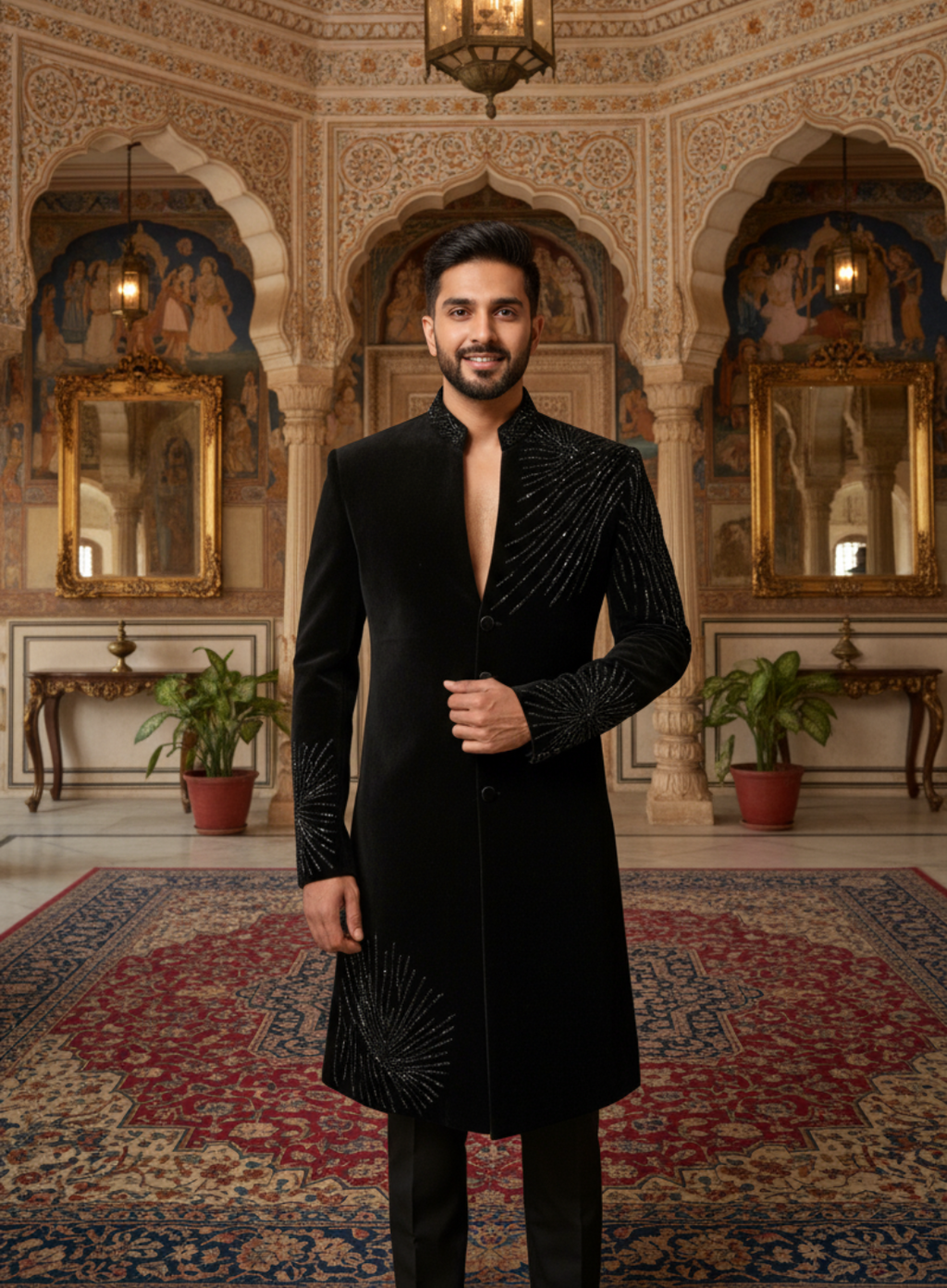 Luxury V Neck Hand Embroidered Sherwani for Wedding
