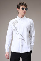Long Flower hand embroidered designer shirt -White