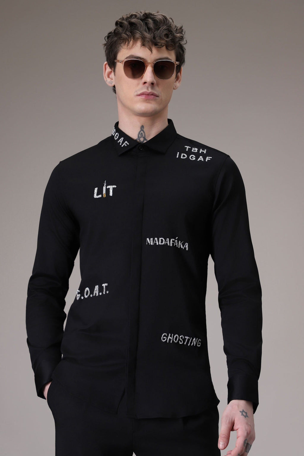 Idgaf hand embroidered designer shirt - Black