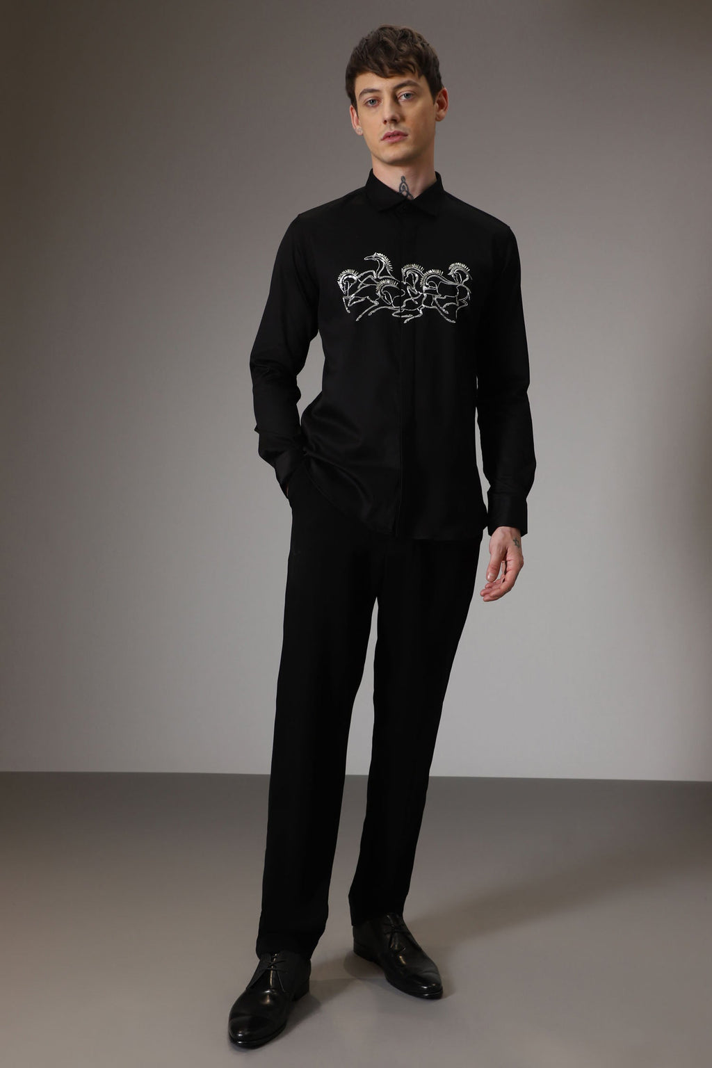Horses hand embroidered designer shirt - Black