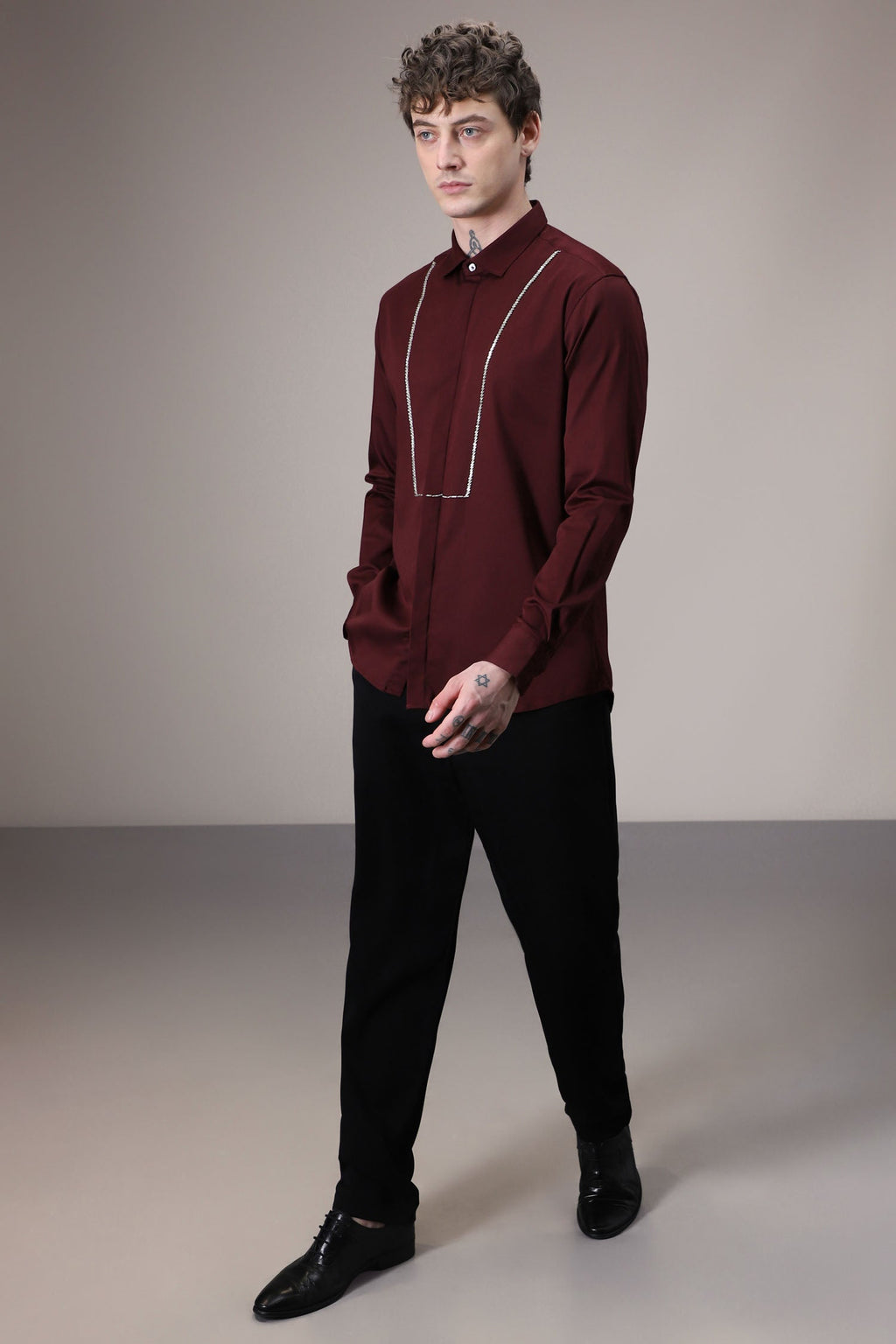 Pintuck hand embroidered designer shirt - Wine