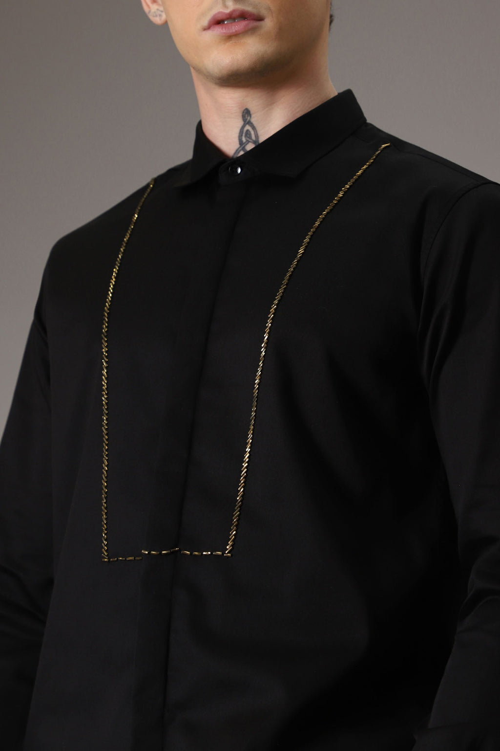 Pintuck hand embroidered designer shirt -Black