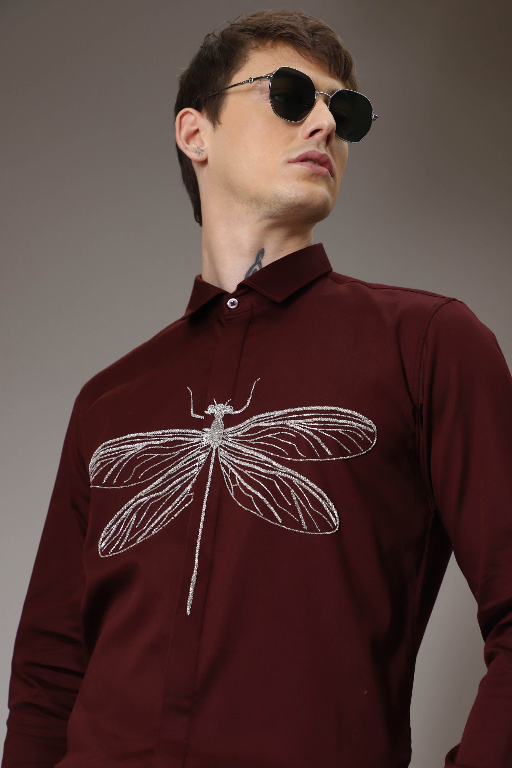 The dragonfly hand embroidered designer shirt - Wine