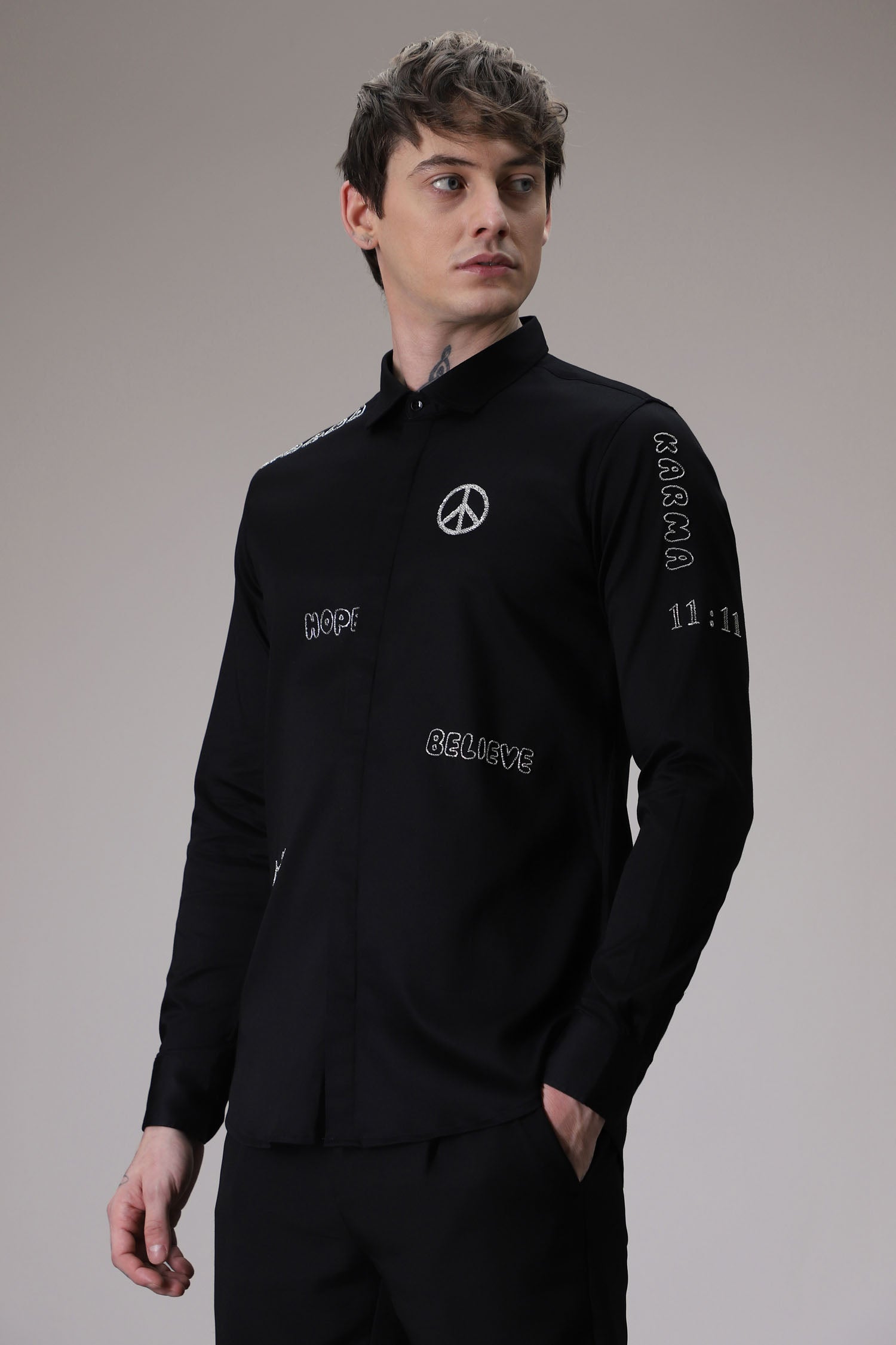 Karma hand embroidered designer shirt -Black